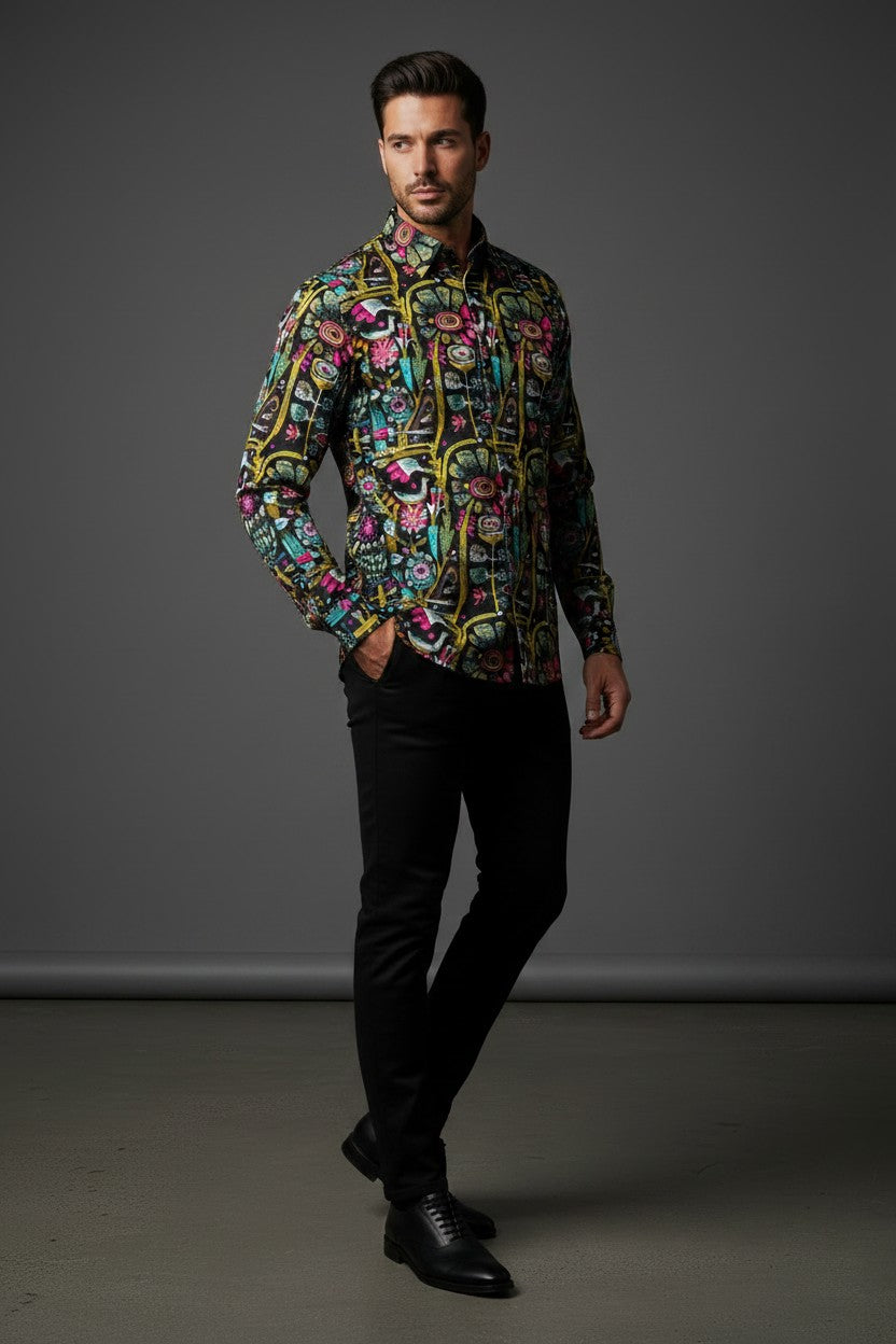 Men's Black Pink Multicolor Casual Shirt