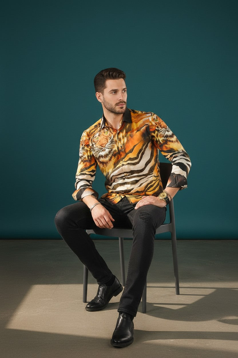 On the Prowl  Men's Rhinestone Tiger & Tiger Scratch Shirt