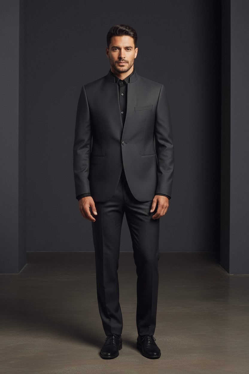 Black Mandarin Collar Tuxedo with Charcoal Paisley Vest & Ascot