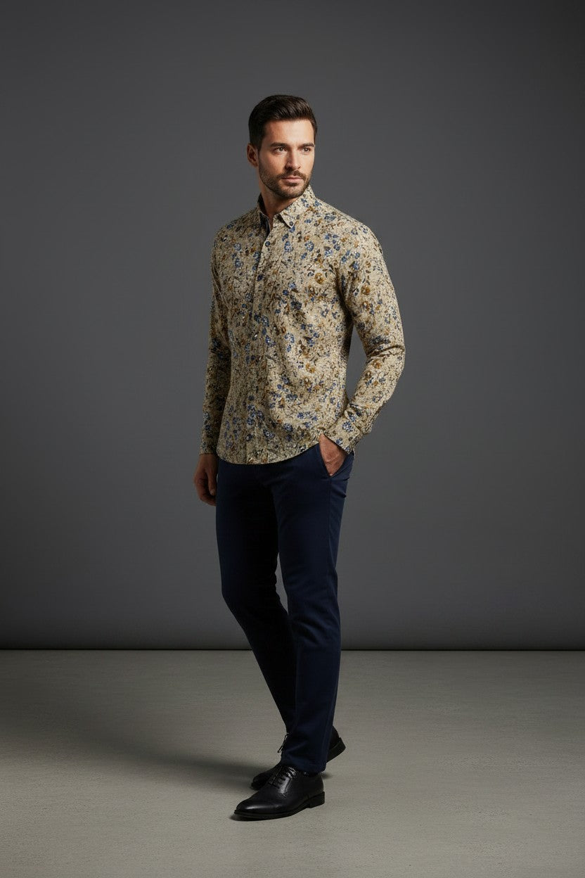 Tan Floral Navy Blue Shirt with Brown Blossom Pattern
