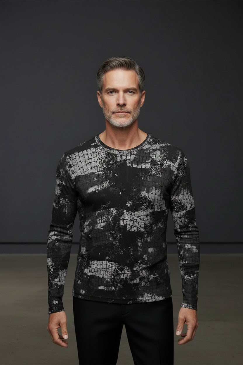 Black & Silver Reptilian Print Long Sleeve Shirt