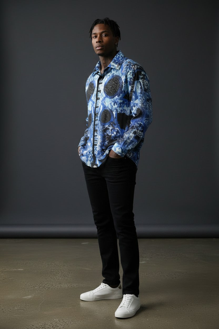 Vercini Blue Abstract Crystal Studded Button-Up Shirt — Mosaic Edition
