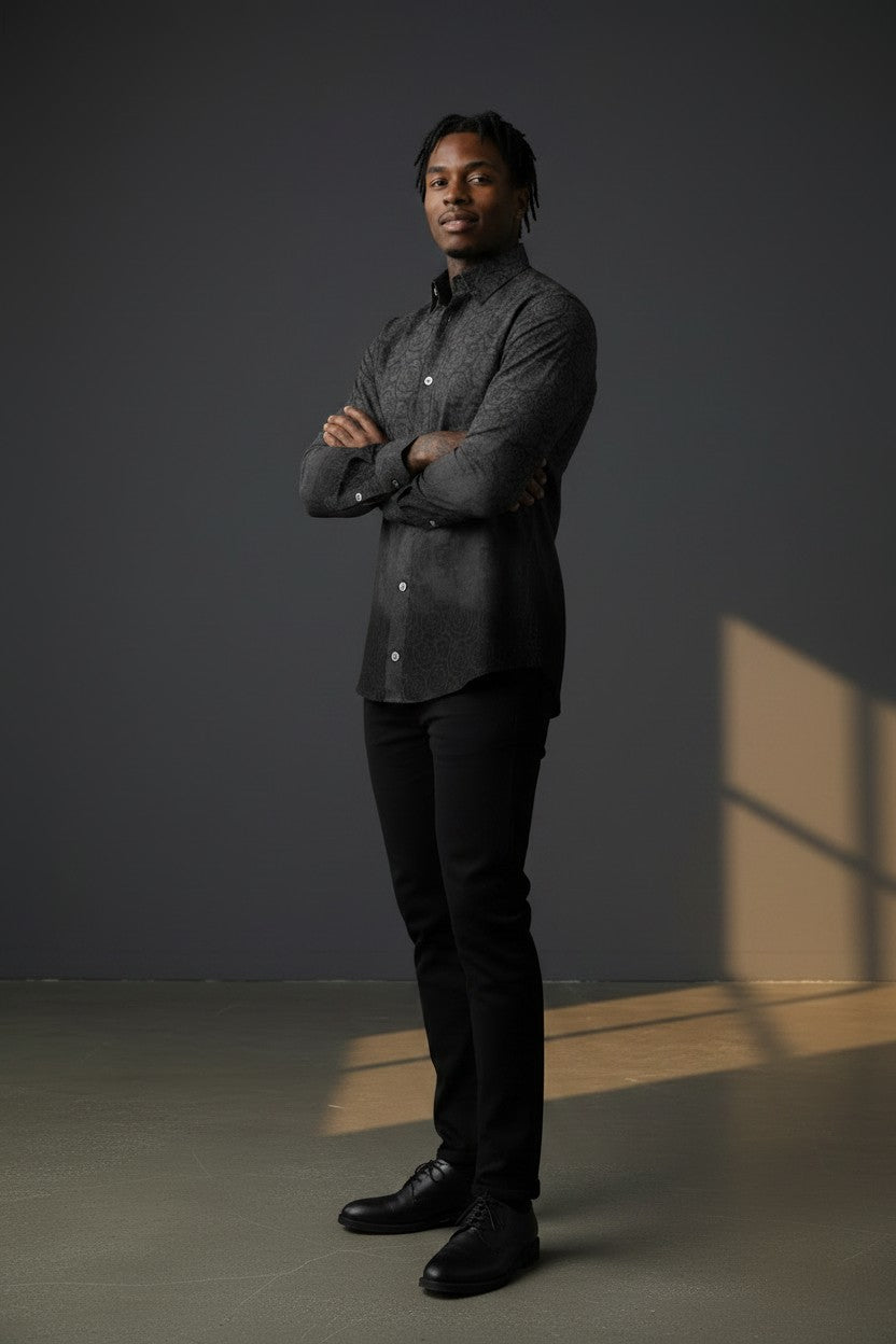 Vercini Black Floral Pattern Dress Shirt
