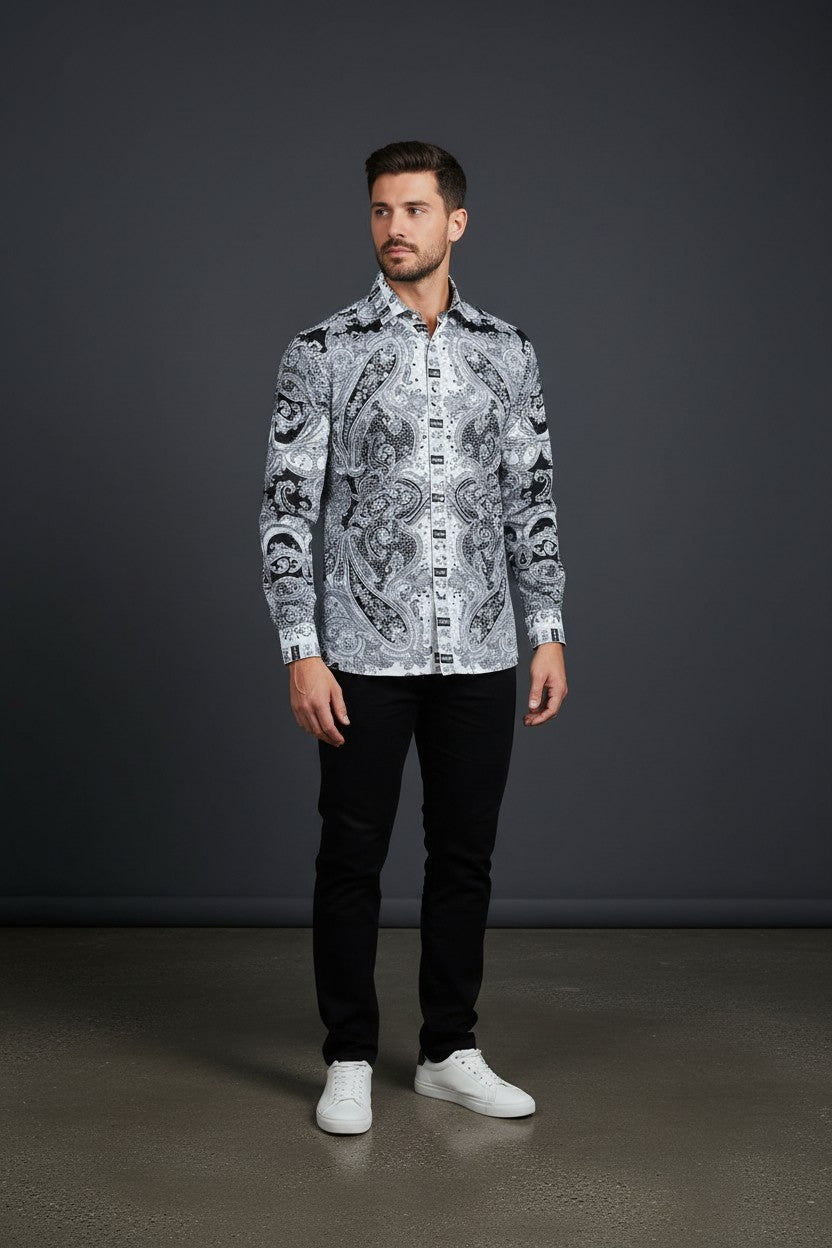 Men's Button-Up Rhinestone Paisley Shirt