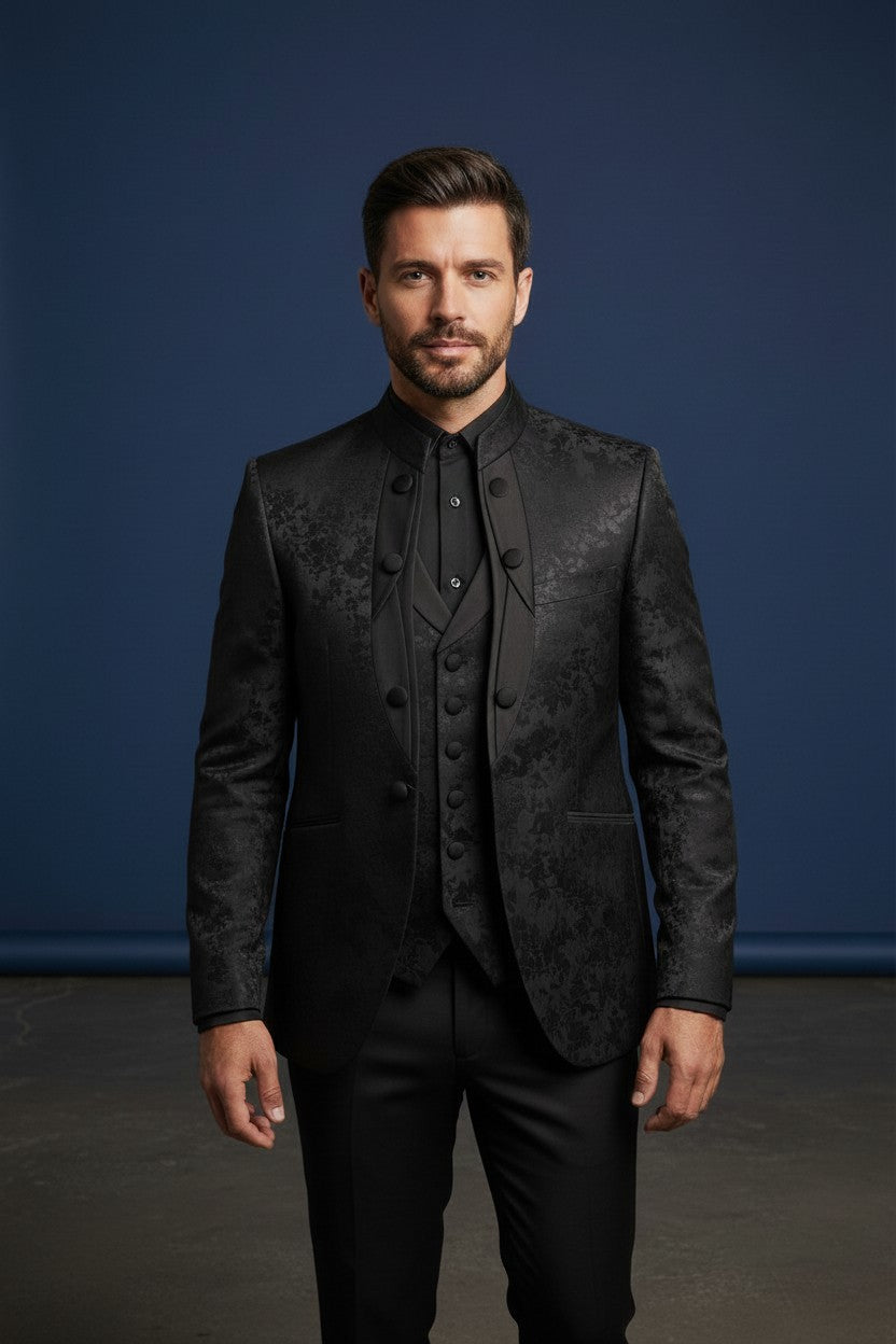 Black Jacquard Mandarin Collar Tuxedo Suit