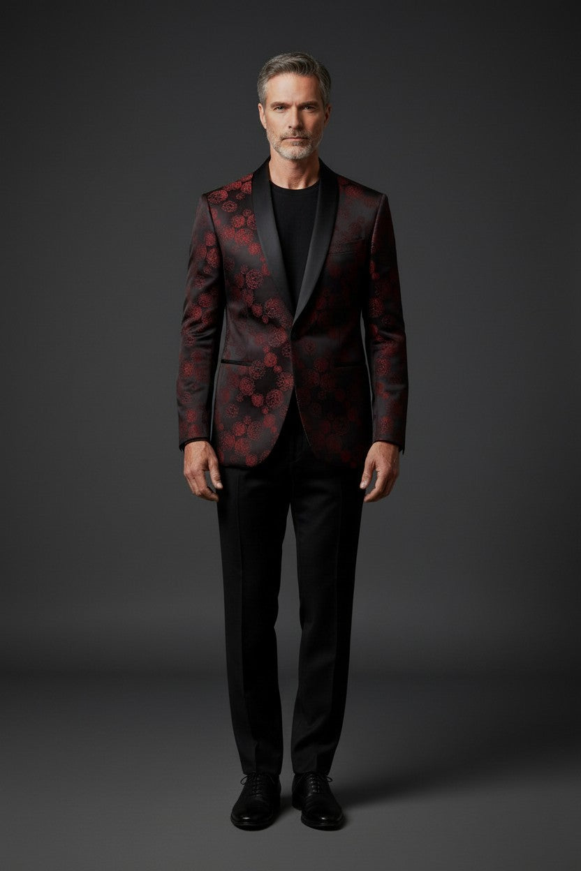 Luxury Floral Pattern Tuxedo – Sleek & Elegant in Red and Blue