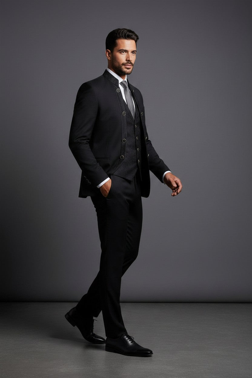 Mandarin Collar Tuxedo with Jacquard Vest – Black & Off White