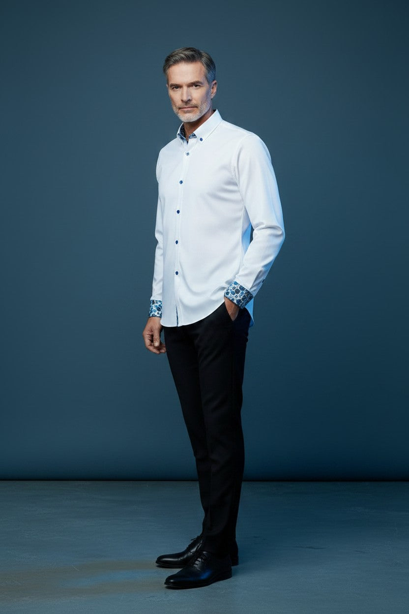 Vercini Elegance White Shirt with Blue Accent Buttons and Cuff