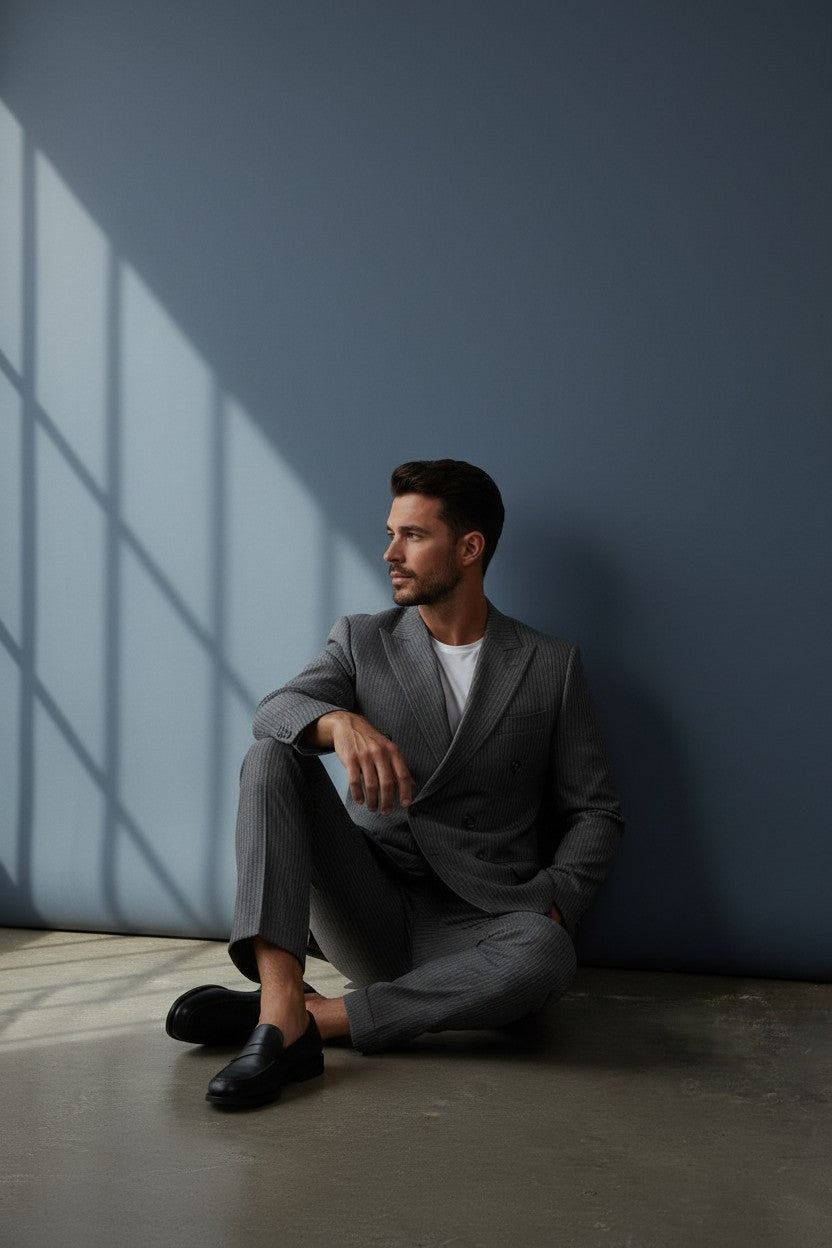 Grey Pinstripe Double-Breasted Blazer