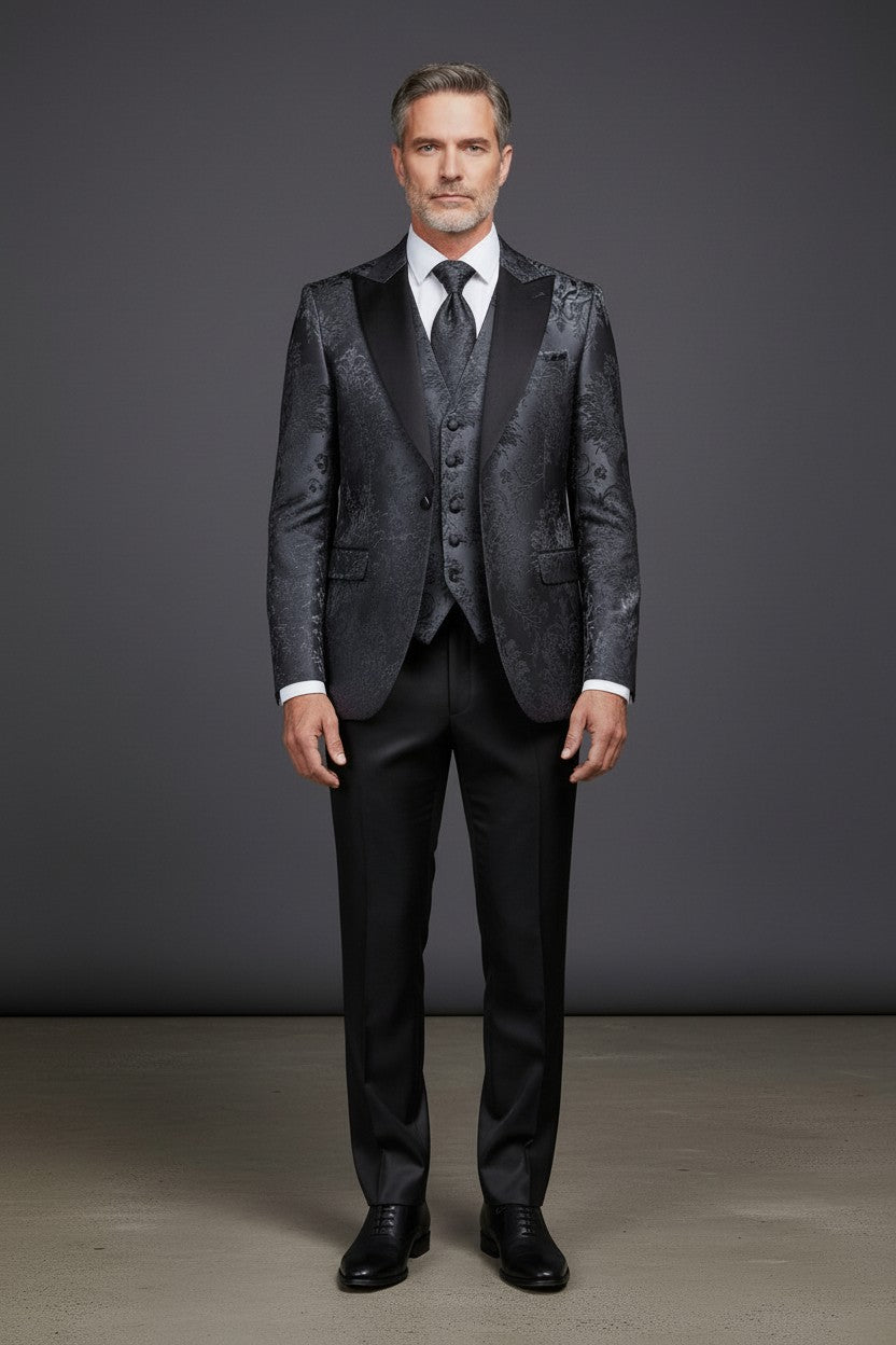 Floral Jacquard Shawl Lapel Tuxedo with Vest and Matching Tie
