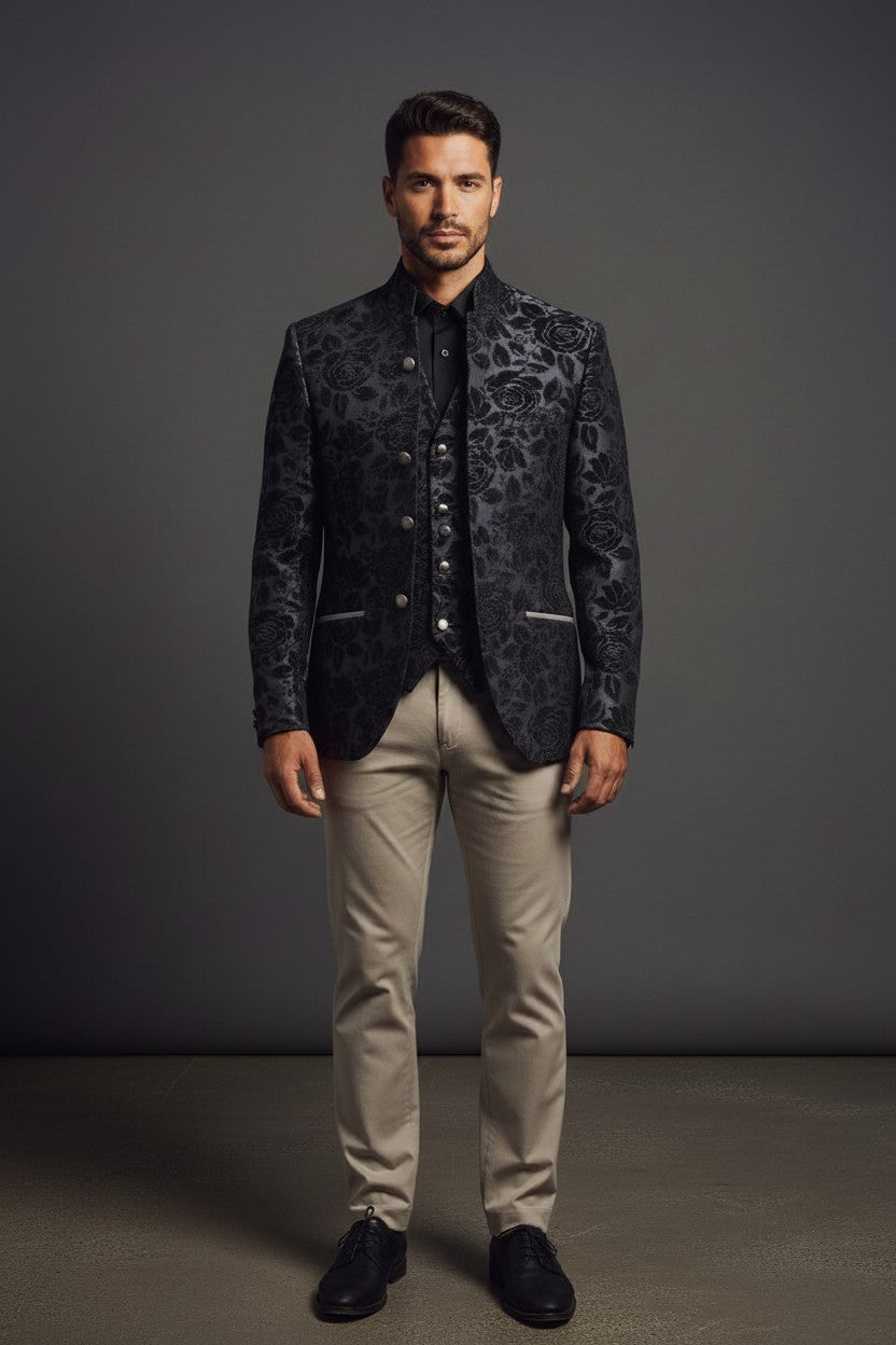 Black Floral Velvet Tuxedo with Mandarin Collar & Grey Satin Accents