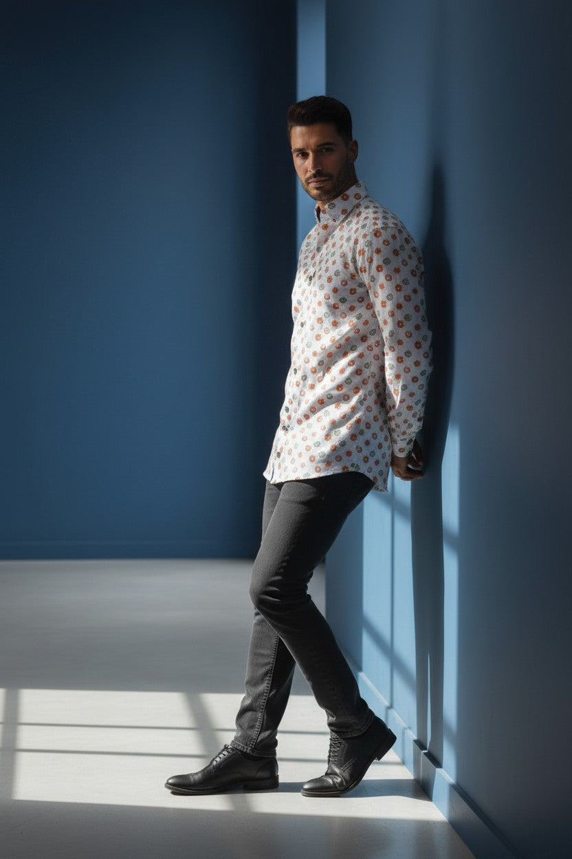 White Shirt With Red And Green Circles