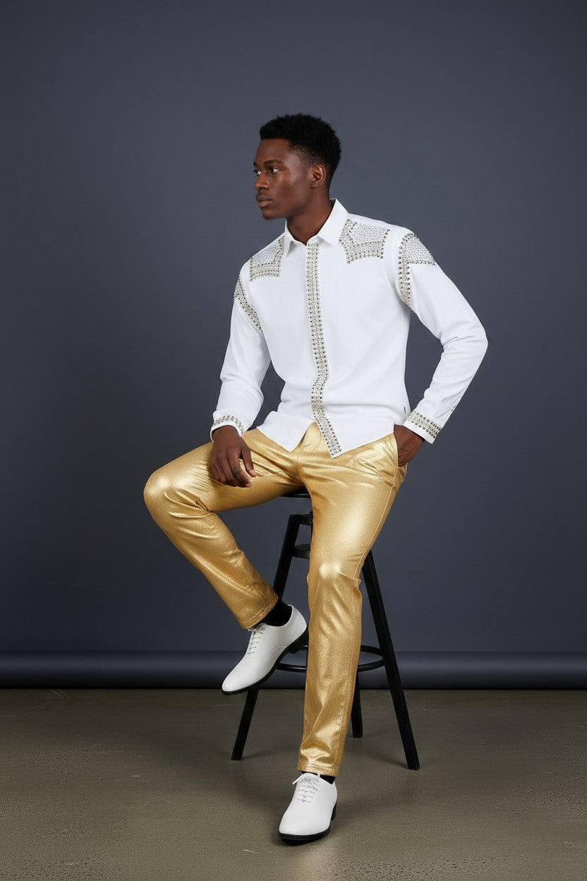 Super stretchy Long Sleeve Rivet Studded Shirt - White and Gold