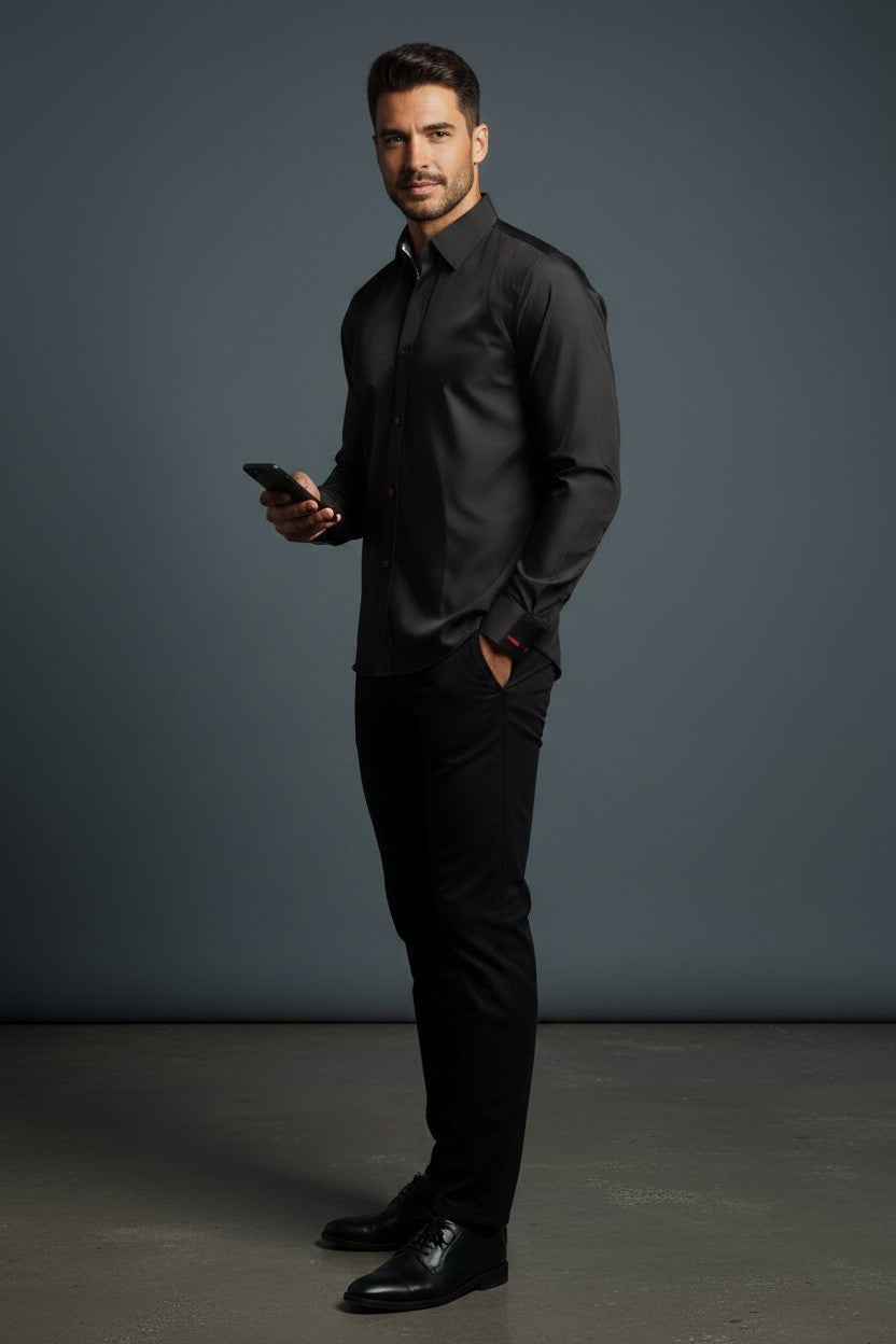 Vercini Chic Black Dress Shirt with Contrast Inner Collar Black / 5XL Vercini Chic Black Dress Shirt with Contrast Inner Collar Black / 5XL