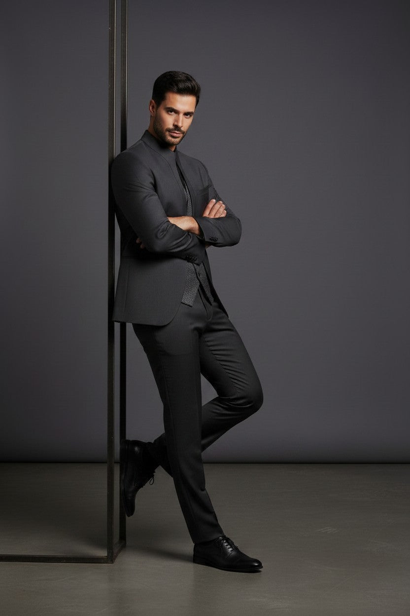 Black Mandarin Collar Tuxedo with Charcoal Paisley Vest & Ascot