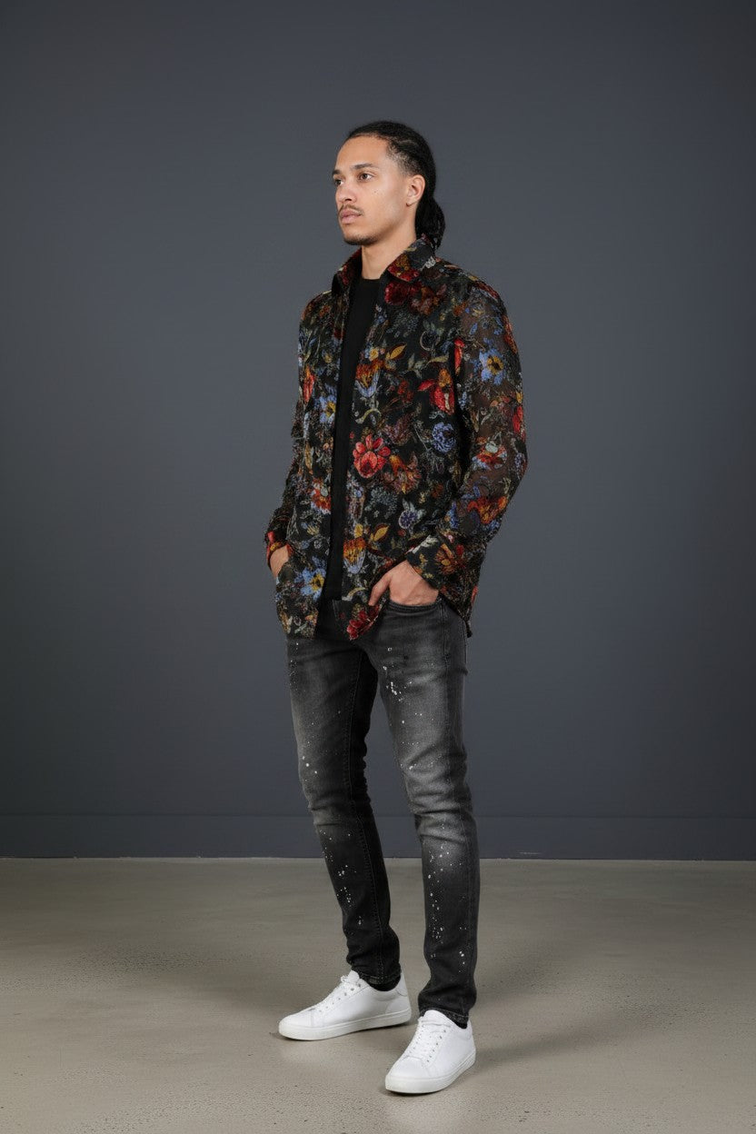 Limited Edition Black Red Blue Floral Sheer Velvet Shirt