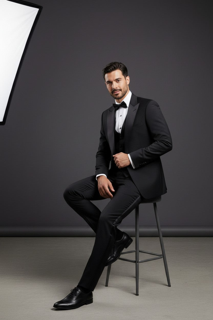 Classic Black Tuxedo with Satin Peak Lapel and Hand-Stitched Detai