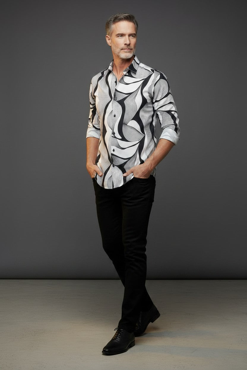 Vercini Men's White Zebra Print Long Sleeve Shirt