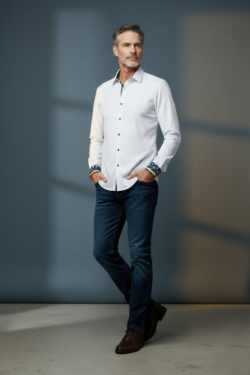 Vercini White Signature Shirt with Patterned Cuff and Collar