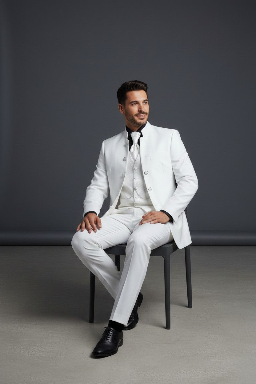 Mandarin Collar Tuxedo with Jacquard Vest – Black & Off White