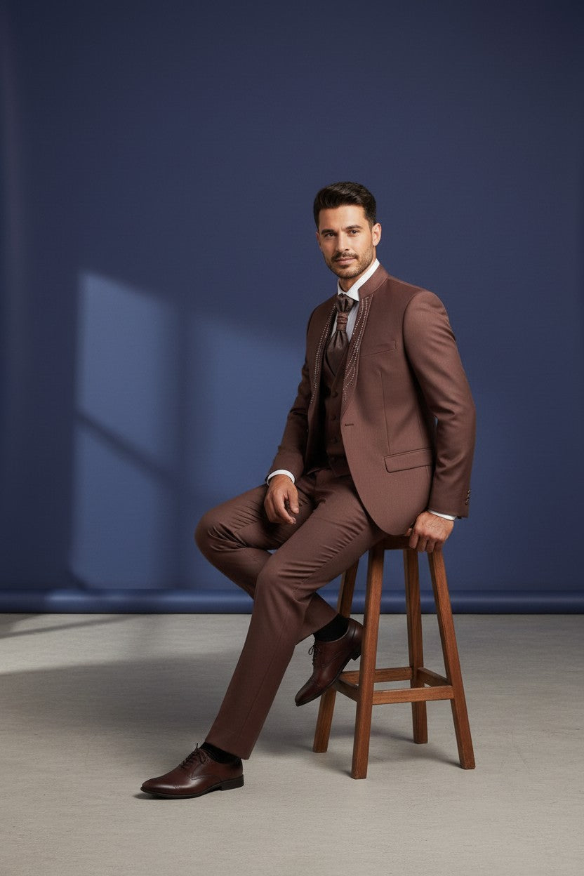 Deep Burgundy Mandarin Collar Suit with Crystal Embellished Panel