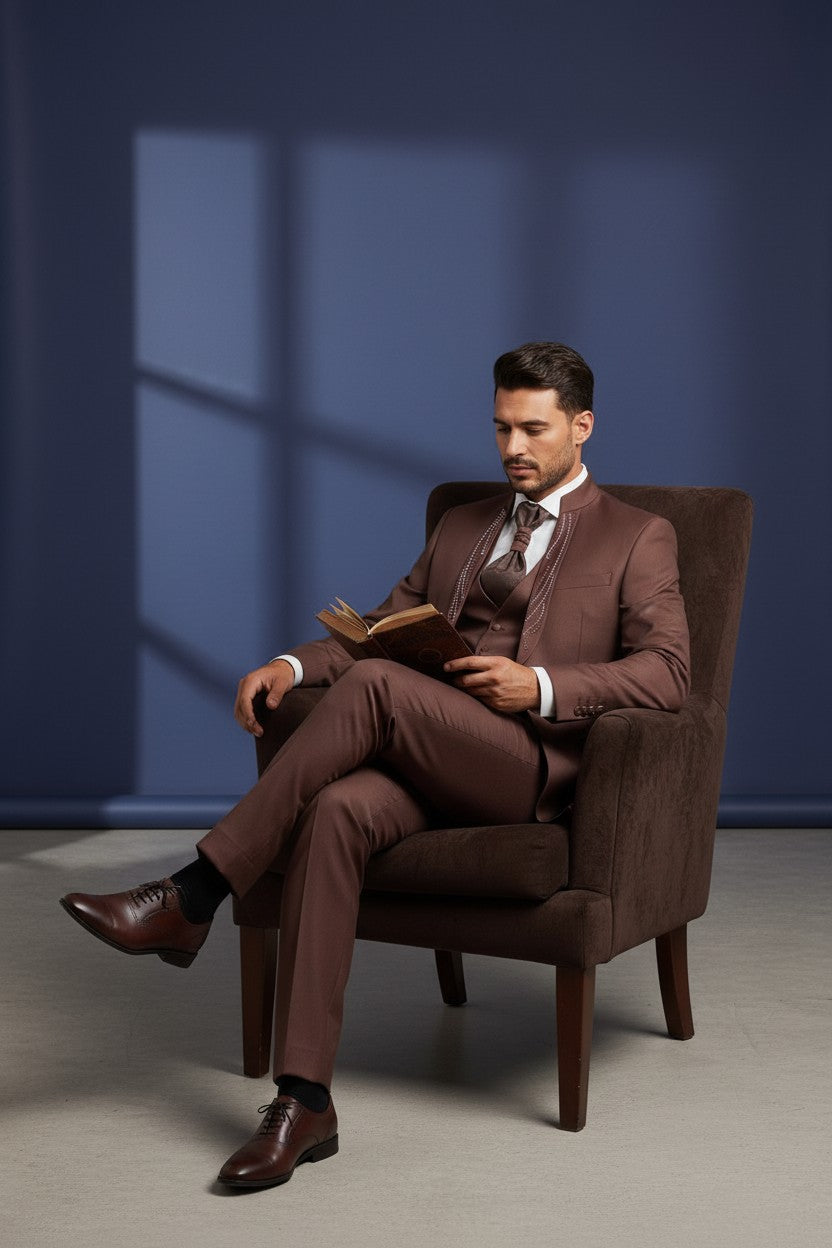 Deep Burgundy Mandarin Collar Suit with Crystal Embellished Panel