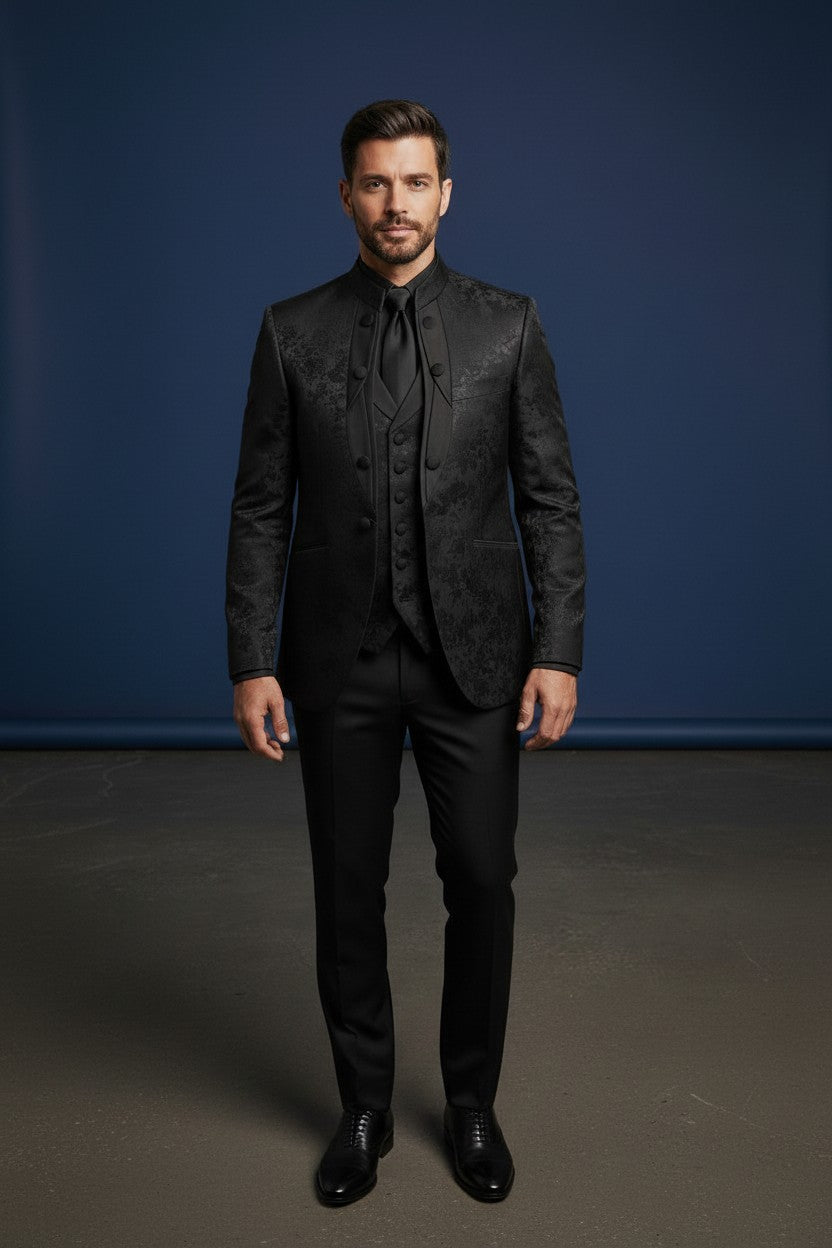Black Jacquard Mandarin Collar Tuxedo Suit