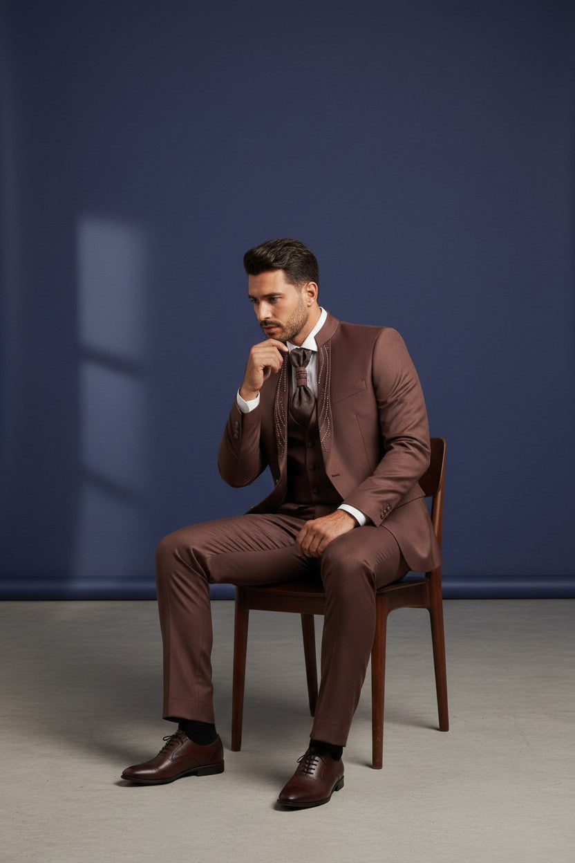 Deep Burgundy Mandarin Collar Suit with Crystal Embellished Panel