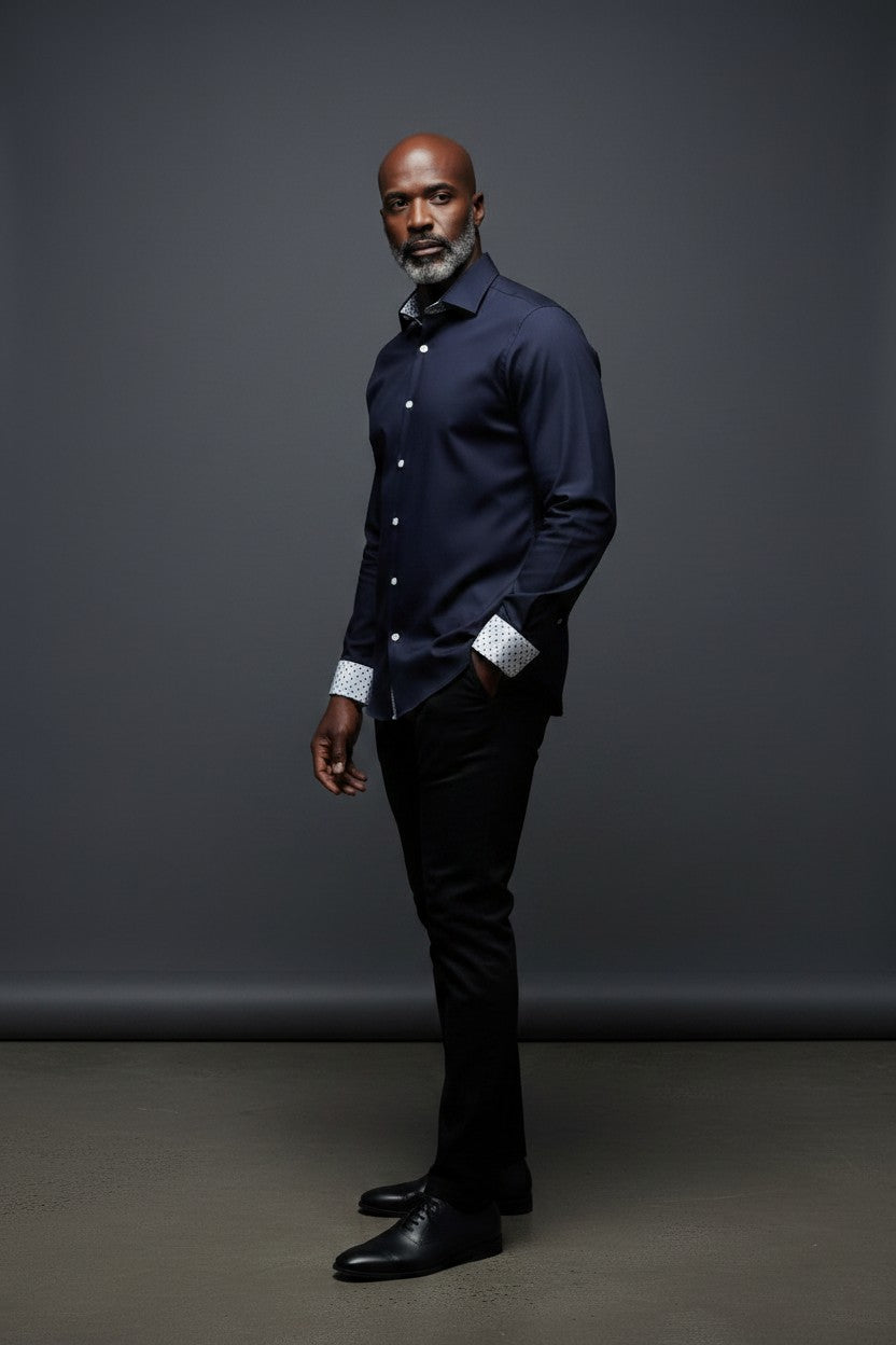 Vercini Navy Blue Premium Cotton Shirt with Patterned Contrast Trim