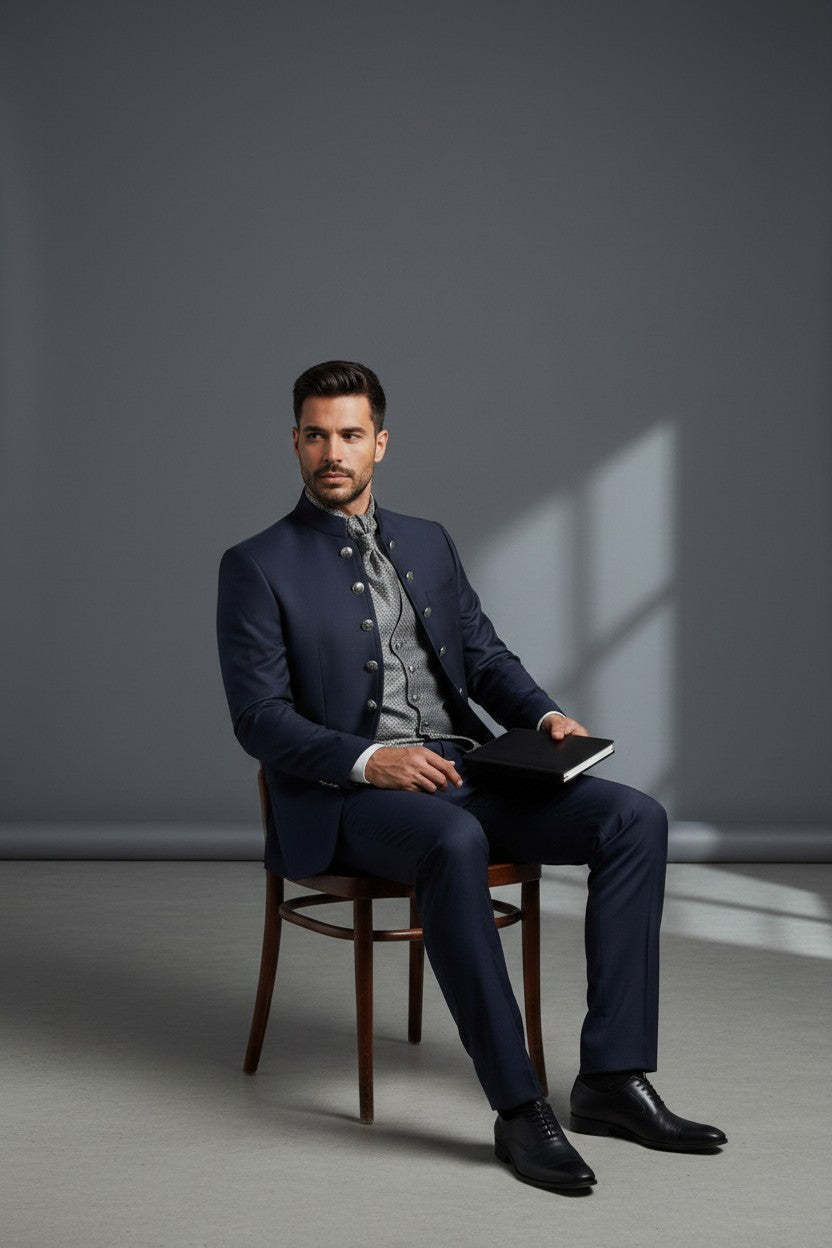 Navy Mandarin Collar Suit with Double Button Detail & Patterned Vest
