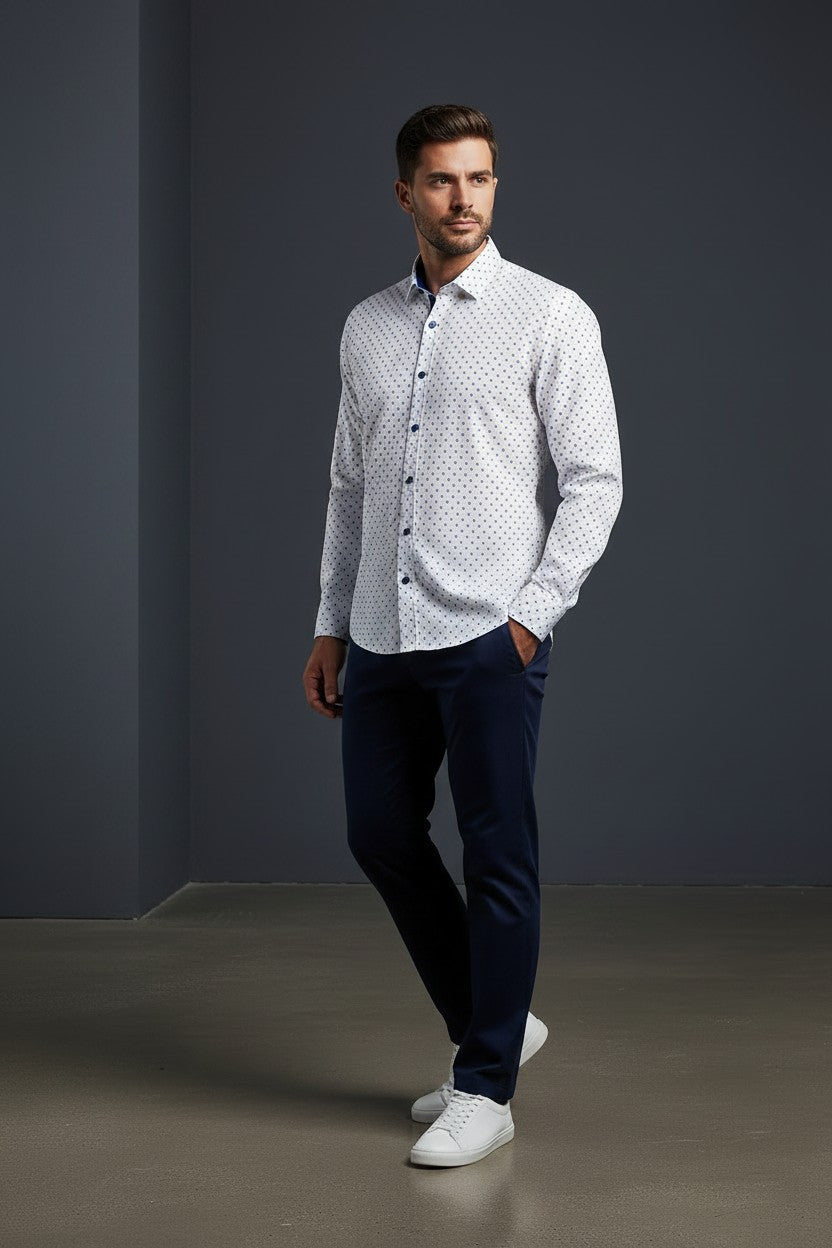 Elegant Turkish Cotton Polka Dot Dress Shirt in Classic White