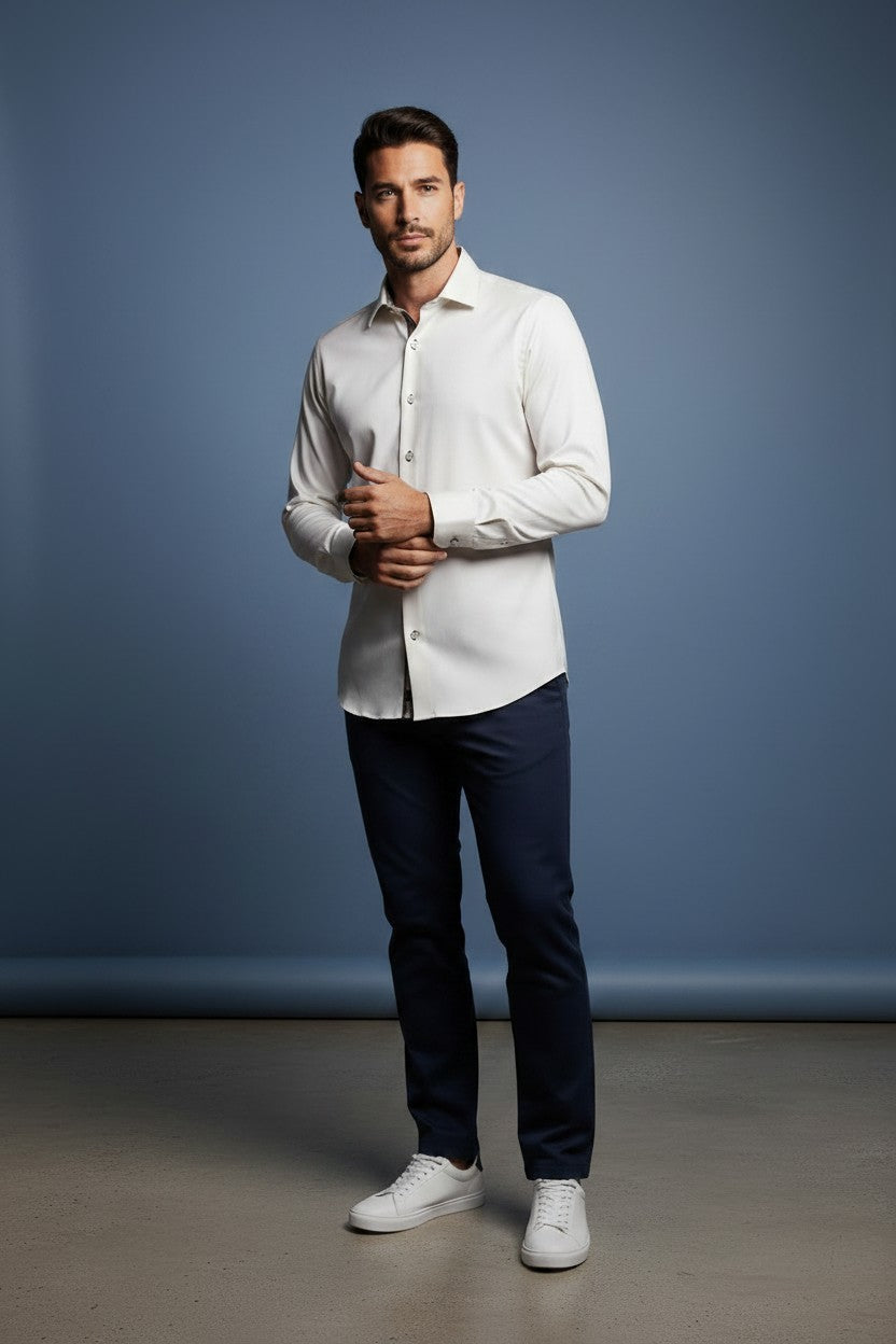 VECS-Z04  Ivory Elegance Contrast Trim Shirt