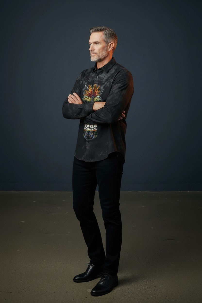 Vercini Black Skull Rhinestone Dress Shirt Artistic Multicolor Design