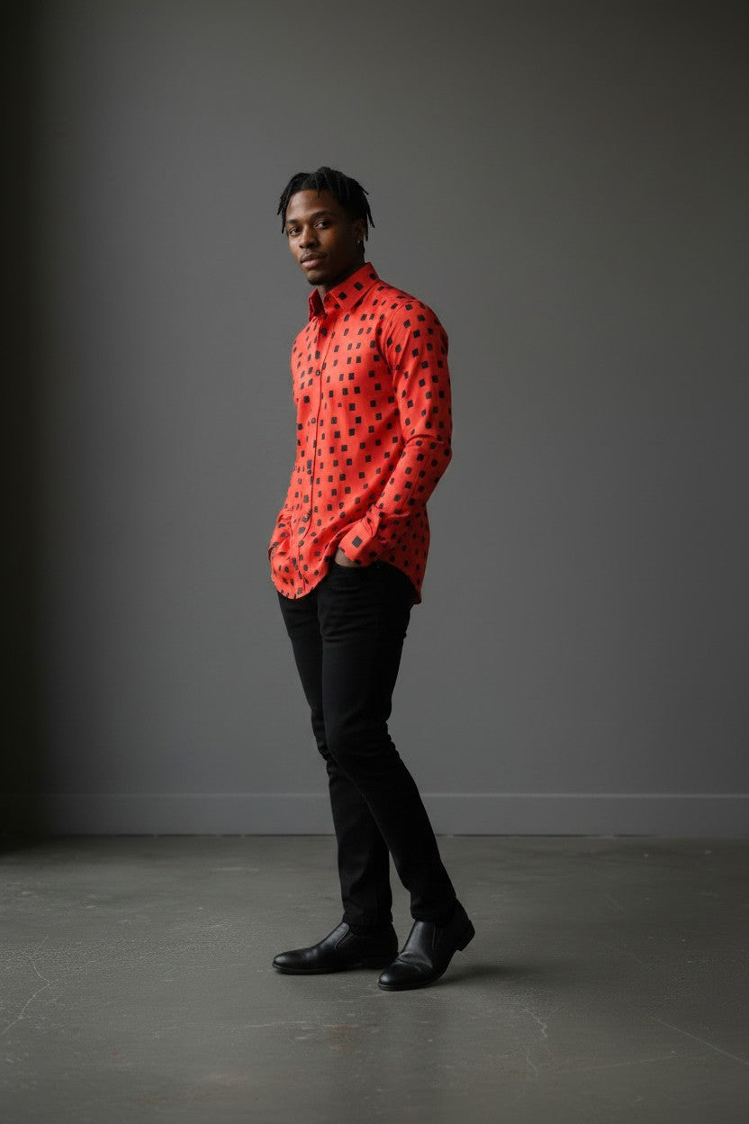 Red & Black Square Collar Shirt