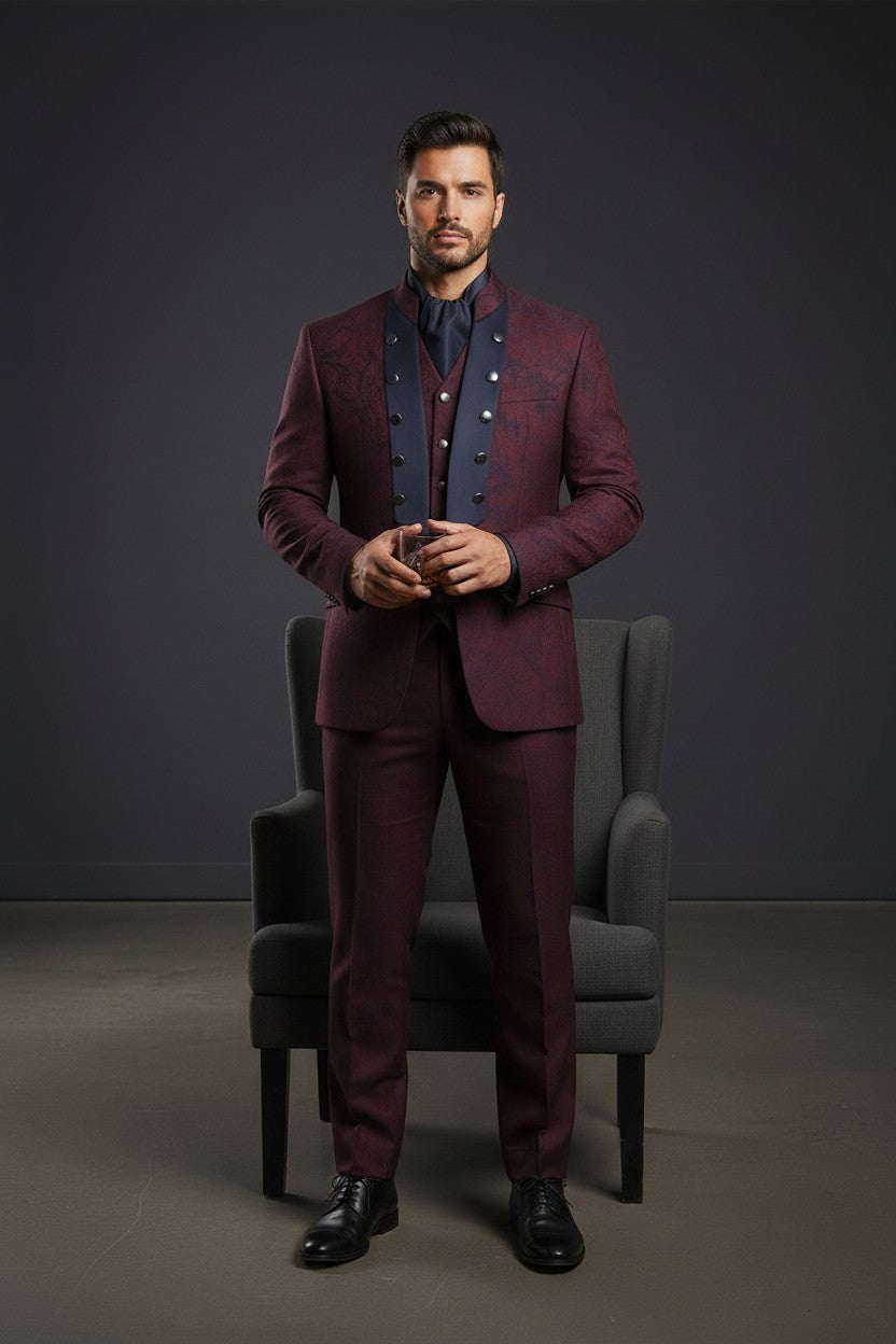 Burgundy Jacquard Mandarin Collar Suit with Satin Contrast Panel