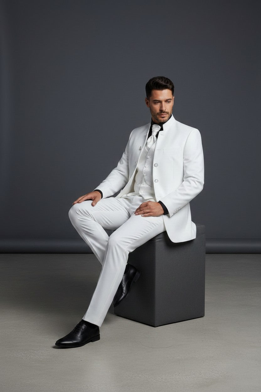 Mandarin Collar Tuxedo with Jacquard Vest – Black & Off White