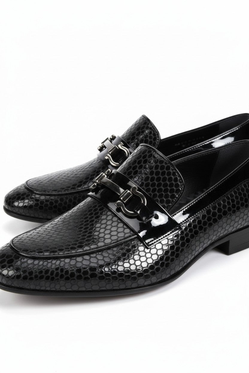 Bambu Alanya Black Honeycomb Patent Leather Horsebit Loafer