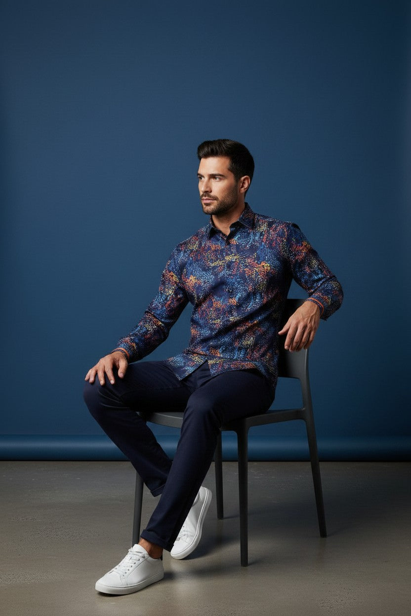 Blue Shirt With Wave Orange Yellow Design