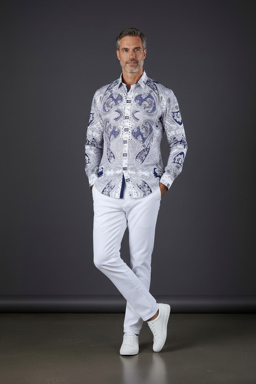 シャツ Paisley Grid Shirt White Barabas Men's Button-Up Rhinestone Paisley Shirt SHIRTS Vercini
