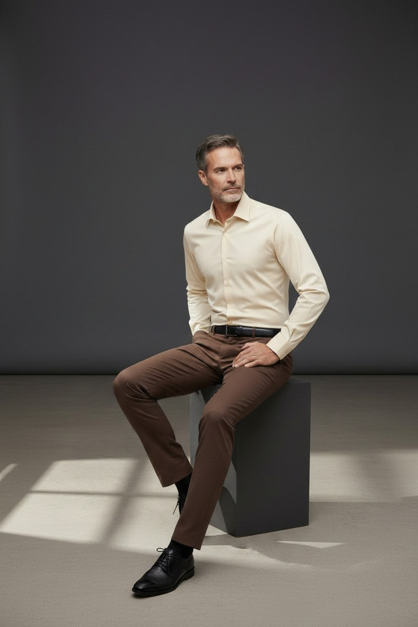 Vercini Classic Dress Shirt – Cream & Brown | 100% Cotton