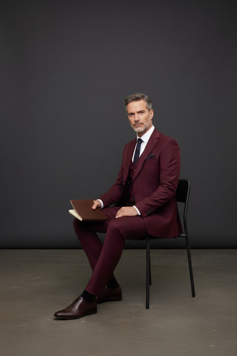 Vercini Premium Burgundy 3-Piece Men's Suit with Patterned Lining