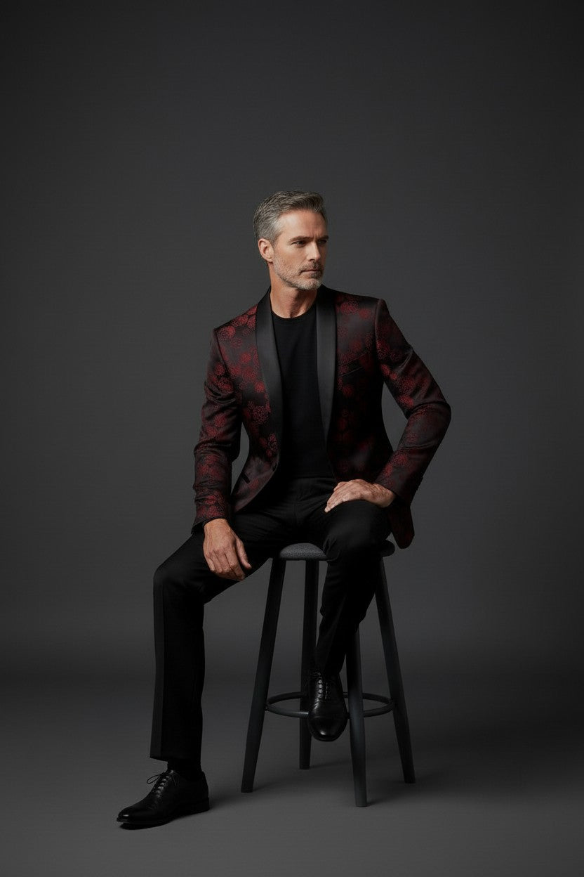 Luxury Floral Pattern Tuxedo – Sleek & Elegant in Red and Blue