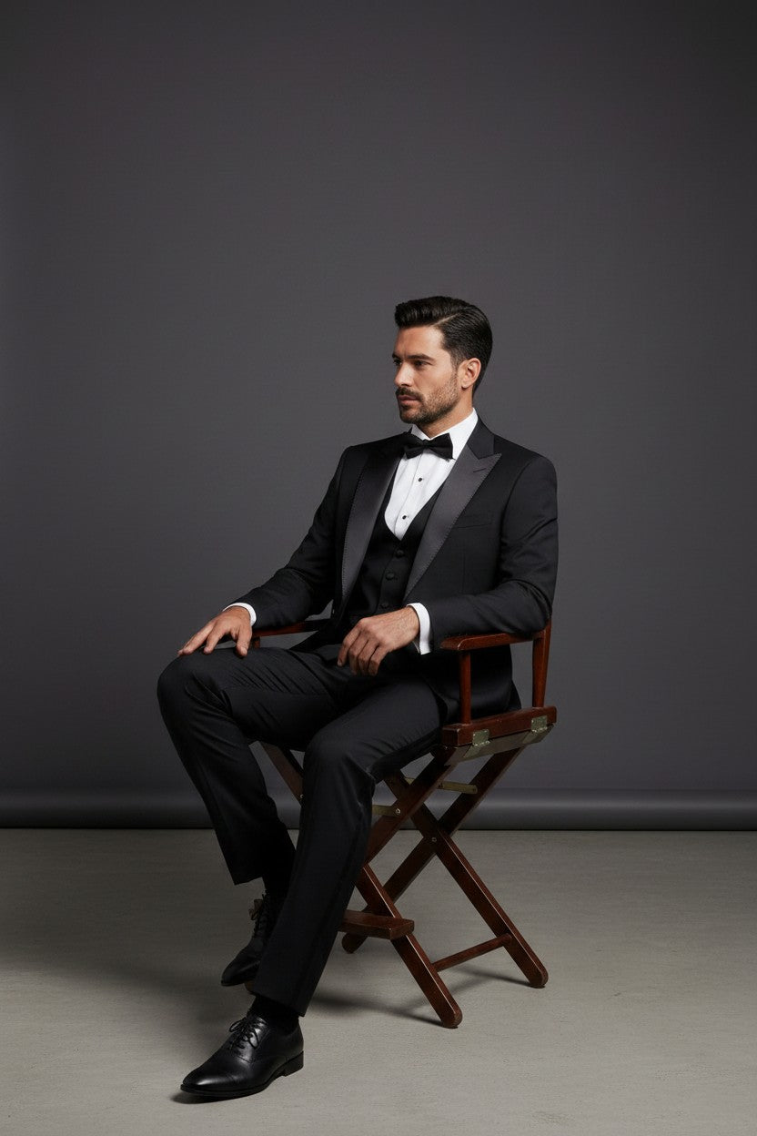 Classic Black Tuxedo with Satin Peak Lapel and Hand-Stitched Detailing