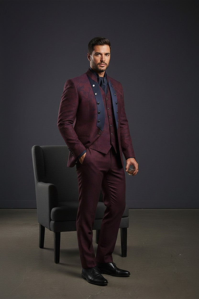 Burgundy Jacquard Mandarin Collar Suit with Satin Contrast Panel Burgundy Jacquard Mandarin Collar Suit with Satin Contrast Panel