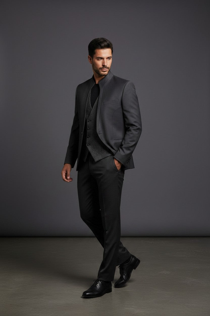 Black Mandarin Collar Tuxedo with Charcoal Paisley Vest & Ascot