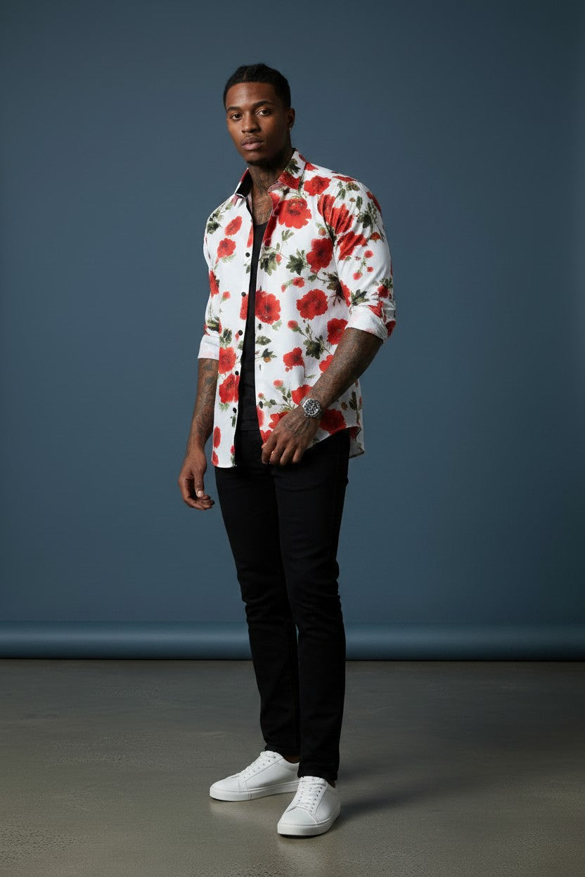 Vercini White Red Poppy Floral Slim Fit Dress Shirt — Garden Edition