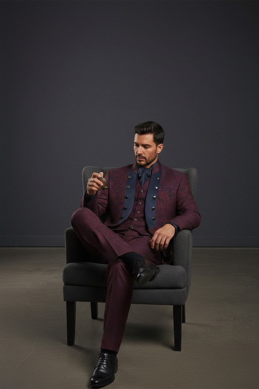 Burgundy Jacquard Mandarin Collar Suit with Satin Contrast Panel