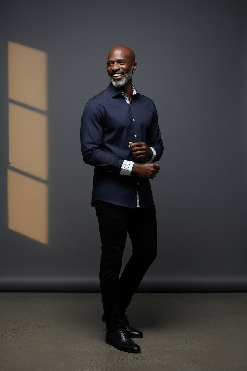 Vercini Navy Blue Premium Cotton Shirt with Patterned Contrast Trim
