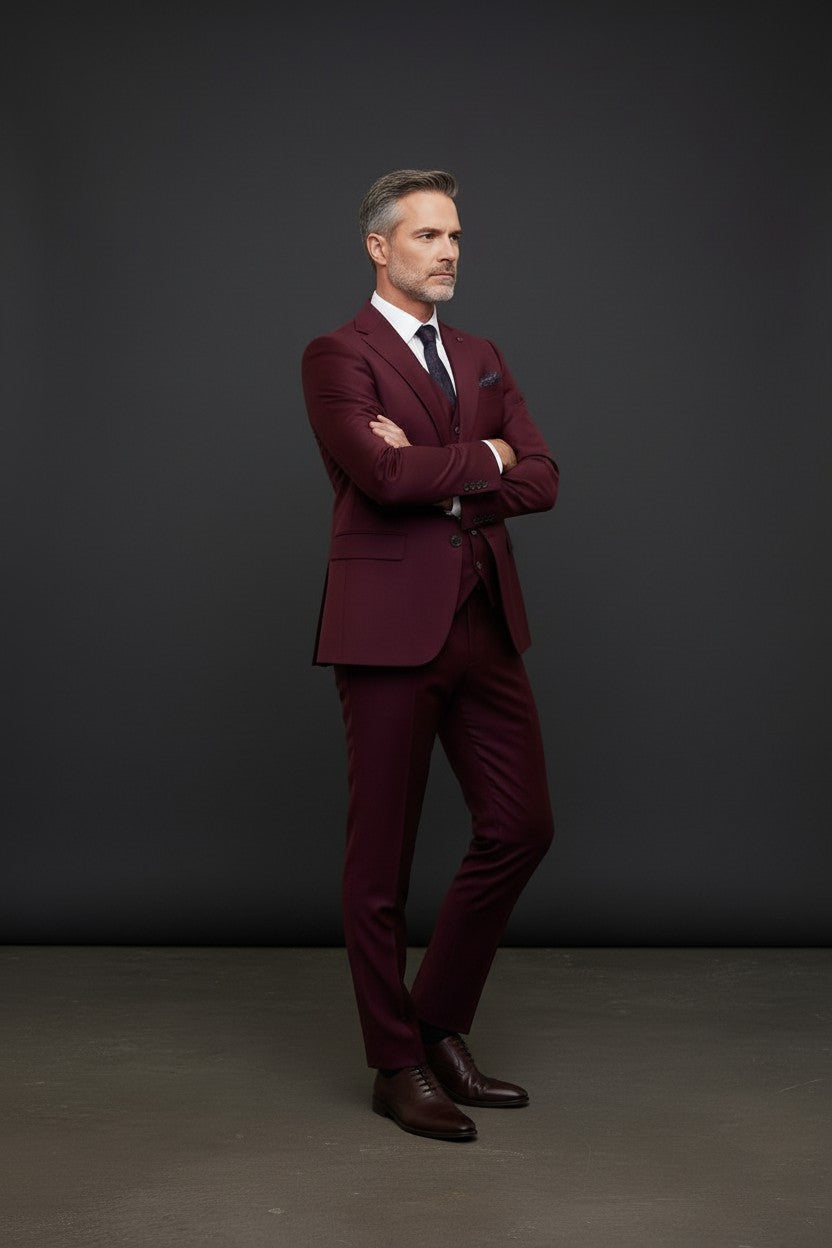 Vercini Premium Burgundy 3-Piece Men's Suit with Patterned Lining