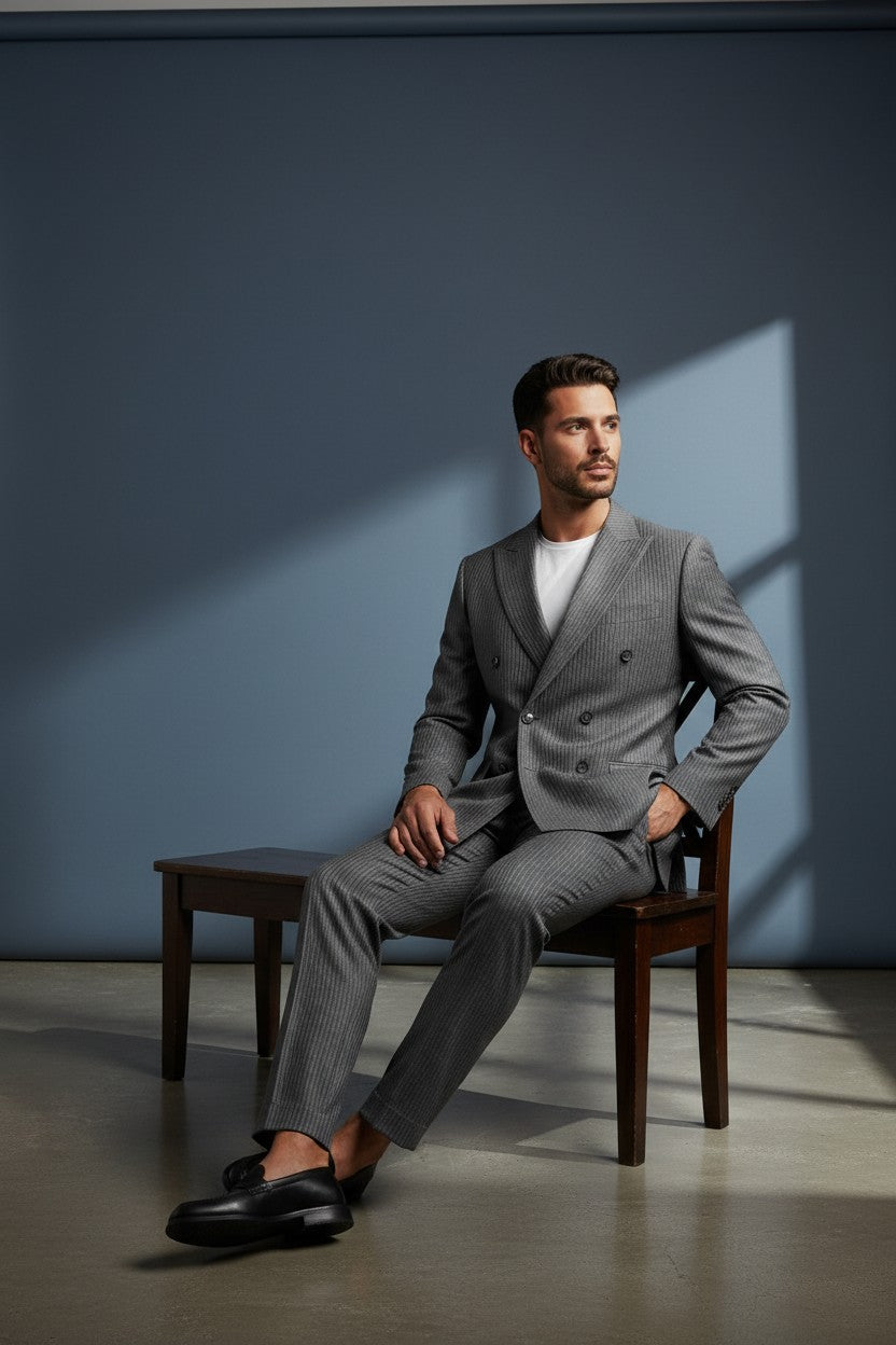 Grey Pinstripe Double-Breasted Blazer